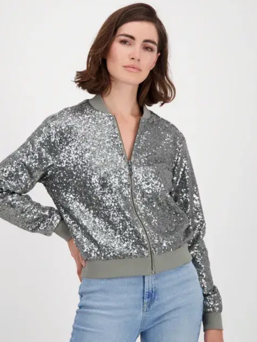 Denim 24/7 Sequin Bomber in Shimmering Silver Colorway, size M (14/16), EUC